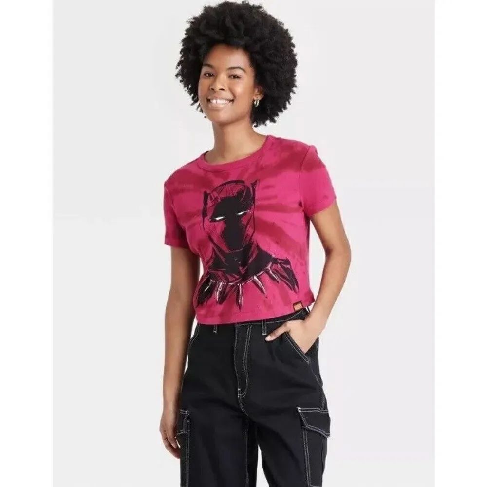 NWOT Womens Marvel Artist Series Black Panther Cropped Dye Dip Tee Shirt - Sz L